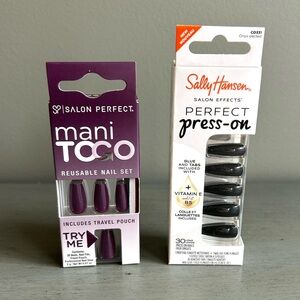 Sally Hansen & Salon Perfect Black Purple Press-On Nails Long Coffin Bundle NEW